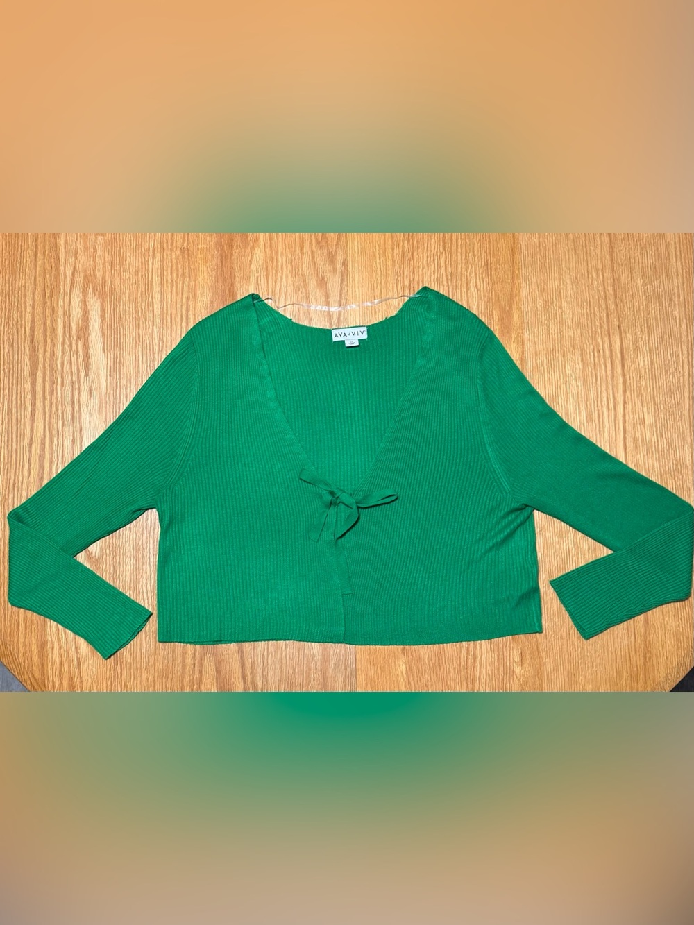 Ava & Viv Kelly Green Ribbed V-Neck Tie-Front Cardigan